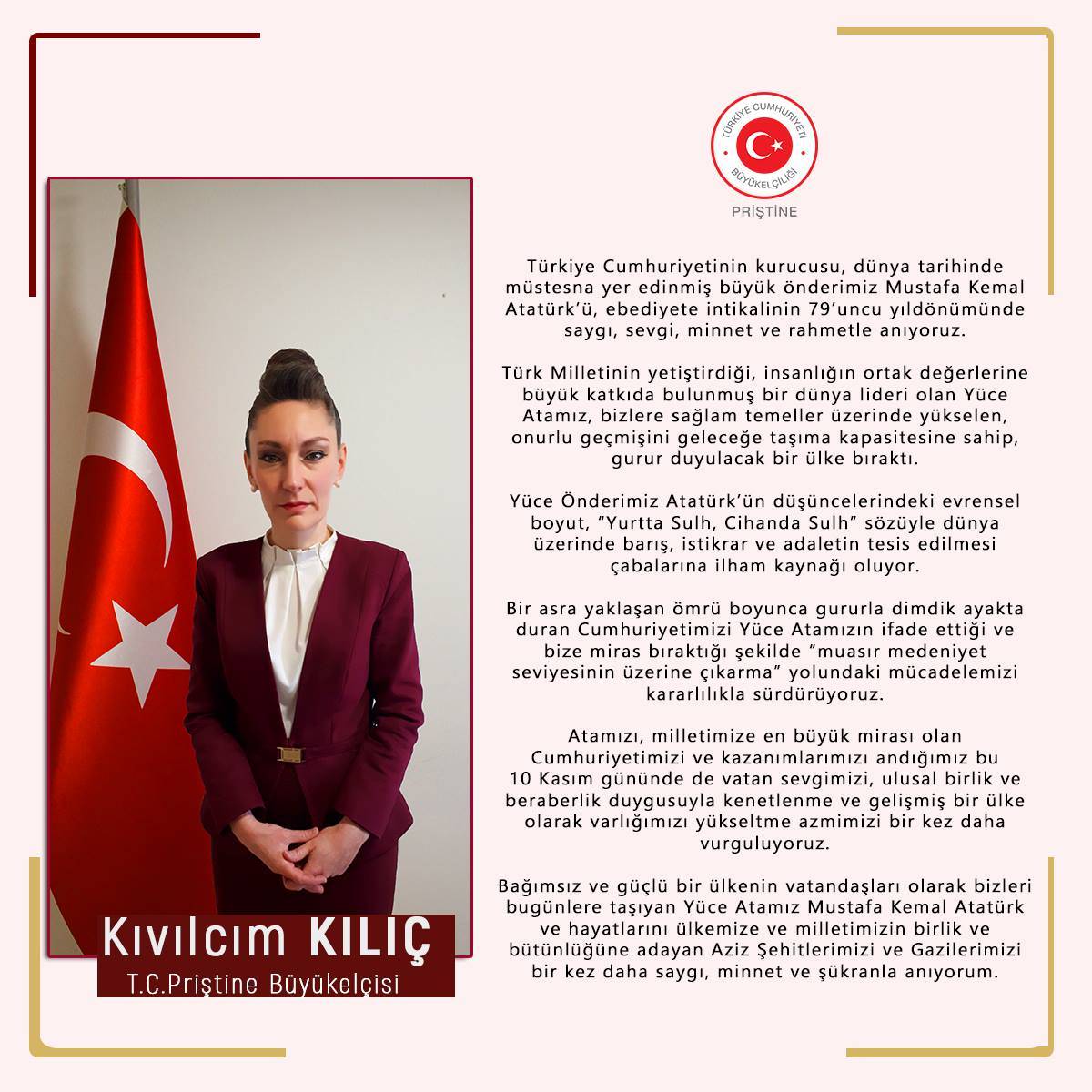 Büyükelçi Kılıç’ın Atatürk’ü Anma Günü Mesajı