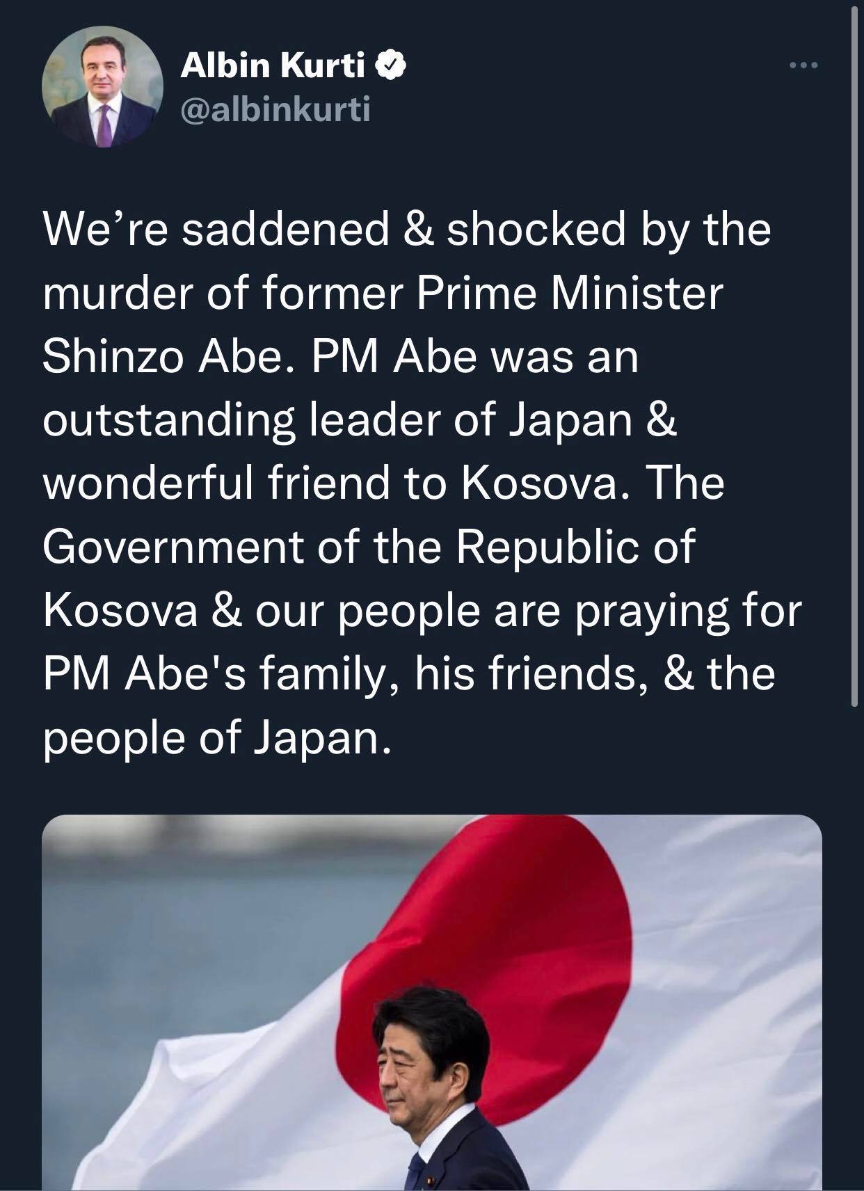 Kurti: Shinzo Abe, Kosova'nın Harika Bir Dostuydu