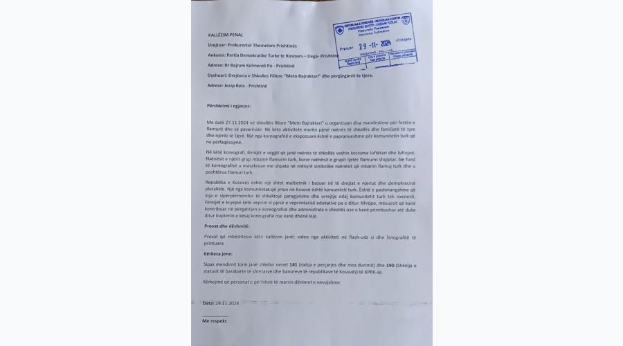 KDTP Priştine Şubesi, “Meto Bajraktari” Okulu Olayıyla İlgili Savcılığa Suç Duyurusunda Bulundu