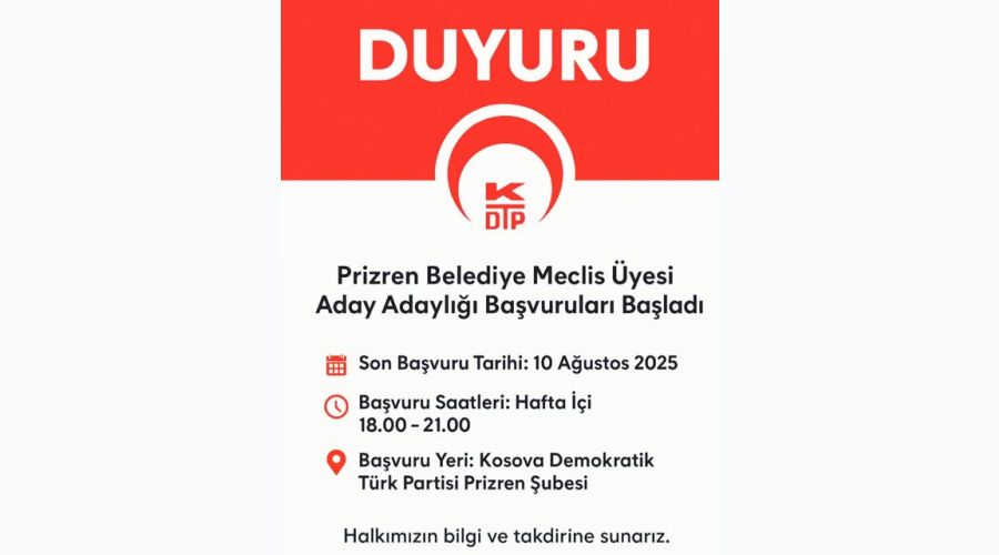 Prizren Belediye Meclis Üyesi Aday Adaylığı Başvuruları Başladı