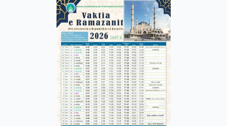 Kosova’da 2026 Ramazan Takvimi Açıklandı