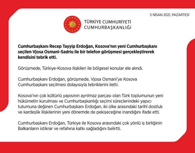 Cumhurbaşkanı Erdoğan, Vjosa Osmani’yi Tebrik Etti