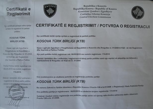 Kosova Türk Birliği Kayıt Belgesini Aldı