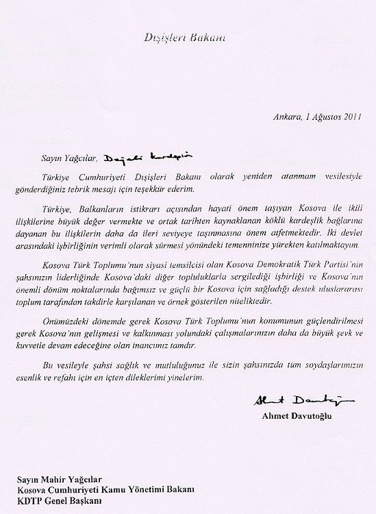 Ahmet Davutoğlu'dan Teşekkür Mektubu