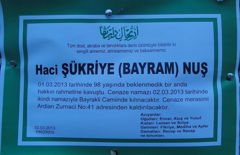 Hacı Şükriye Nuş Vefat Etti
