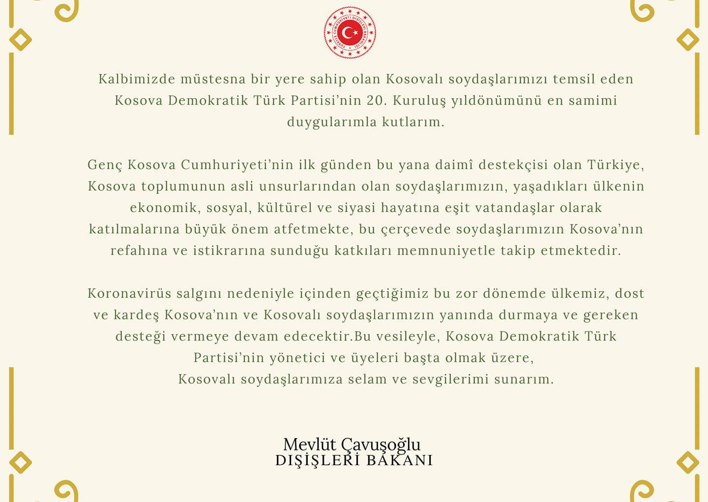 Türkiye Dışişleri Bakanı Çavuşoğlu’ndan KDTP’ye Kutlama Mesajı