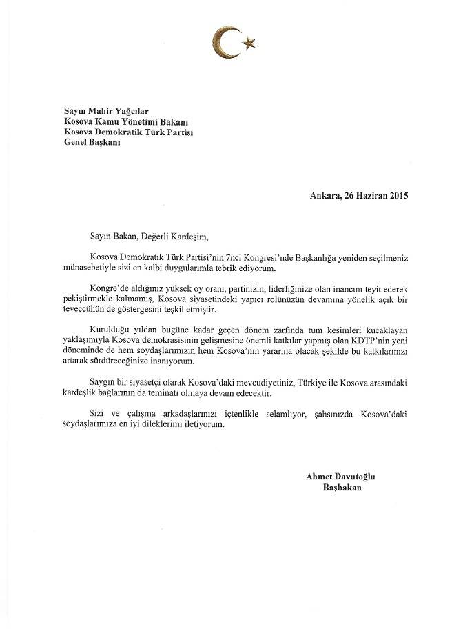 Davutoğlu'ndan Yağcılar'a Kutlama Mesajı