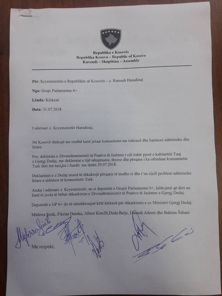 +6 Parlamento Grubu da Dedaj’ın Görevden Alınmasını Talep Ediyor
