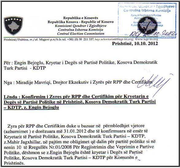 KDTP Priştine Şubesi Bildirisi