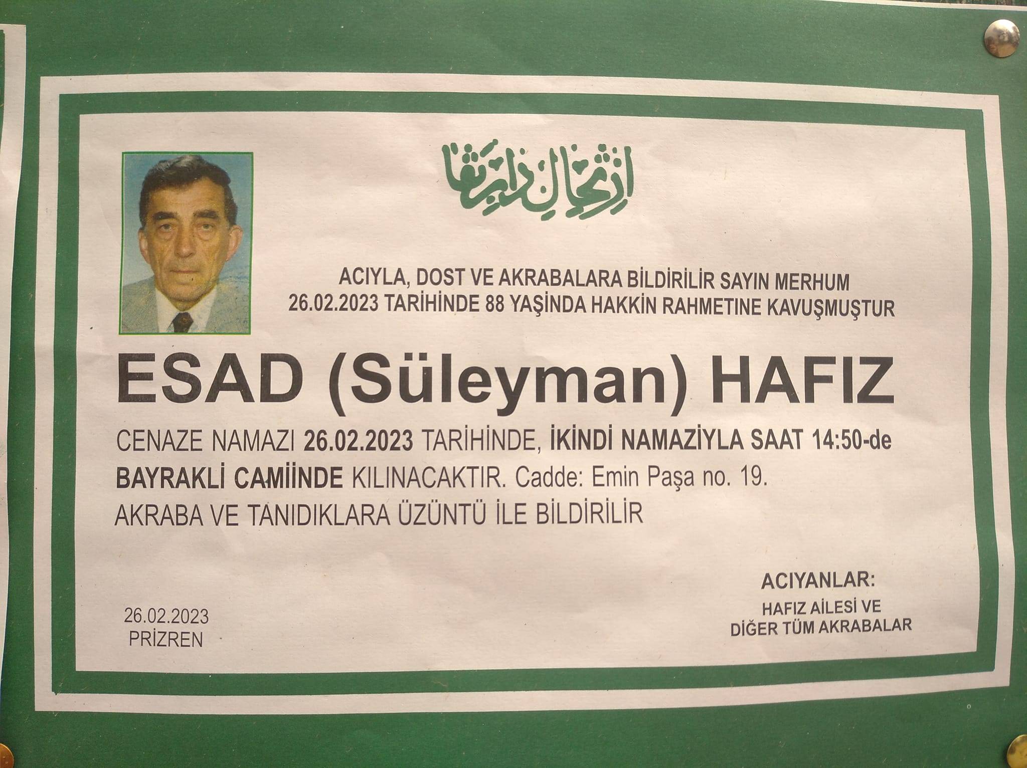 Esad Hafız Toprağa Verildi