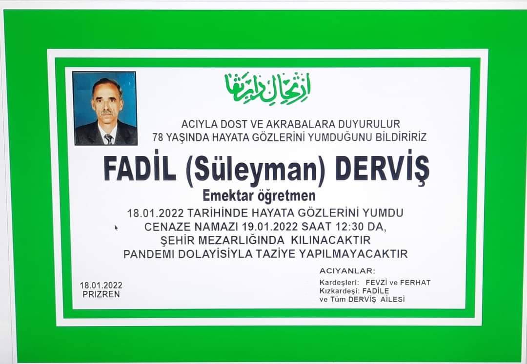 Emektar Öğretmenimiz Fadil Derviş Vefat Etti