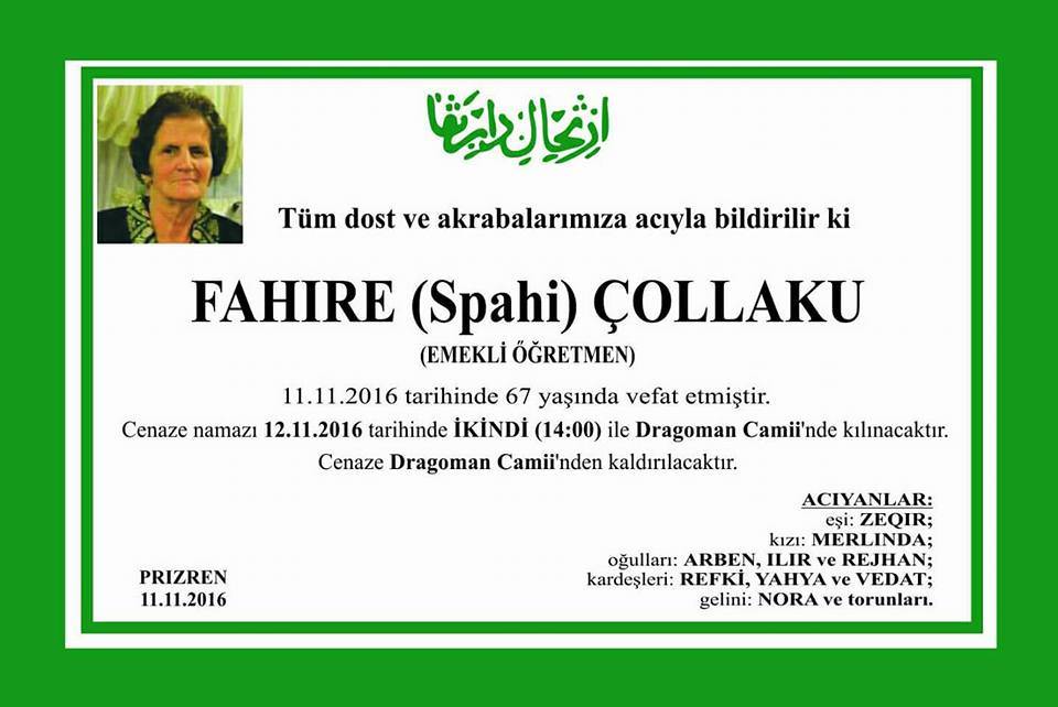 Öğretmenimiz Fahire (Spahi) Çollaku'yu Kaybettik