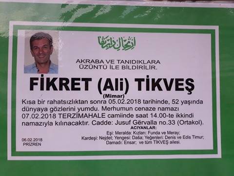 Fikret Tikveş İkindi Namazıyla Toprağa Verilecek