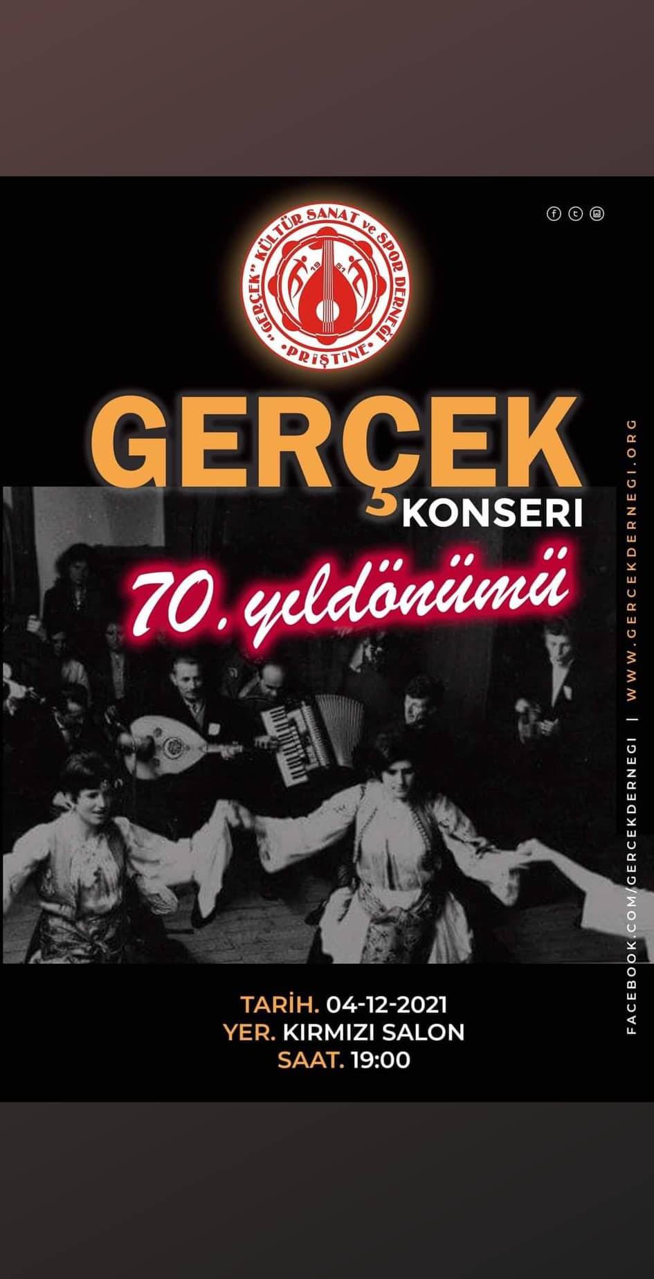 Gerçek Derneği 70 Yıldönümü Konseri Saat 19.00’da