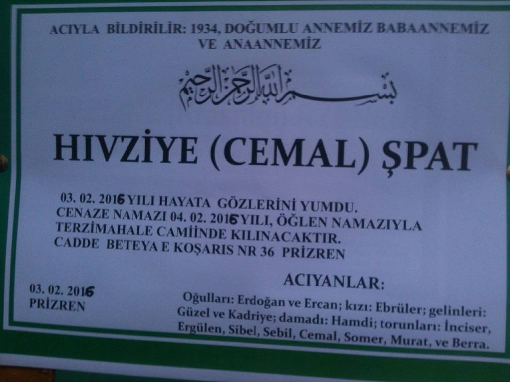 Hıvziye (Cemal) Şpat Vefat Etti