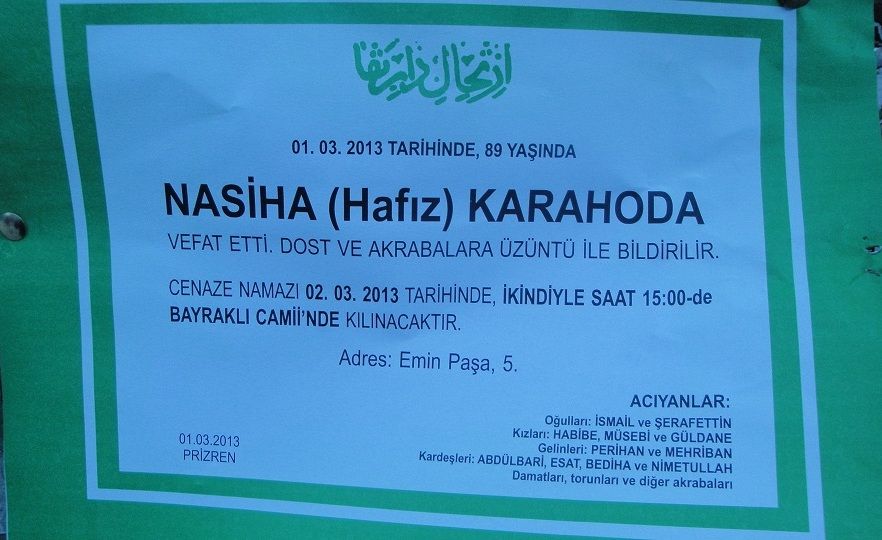 Nasiha (Hafız) Karahoda Vefat Etti