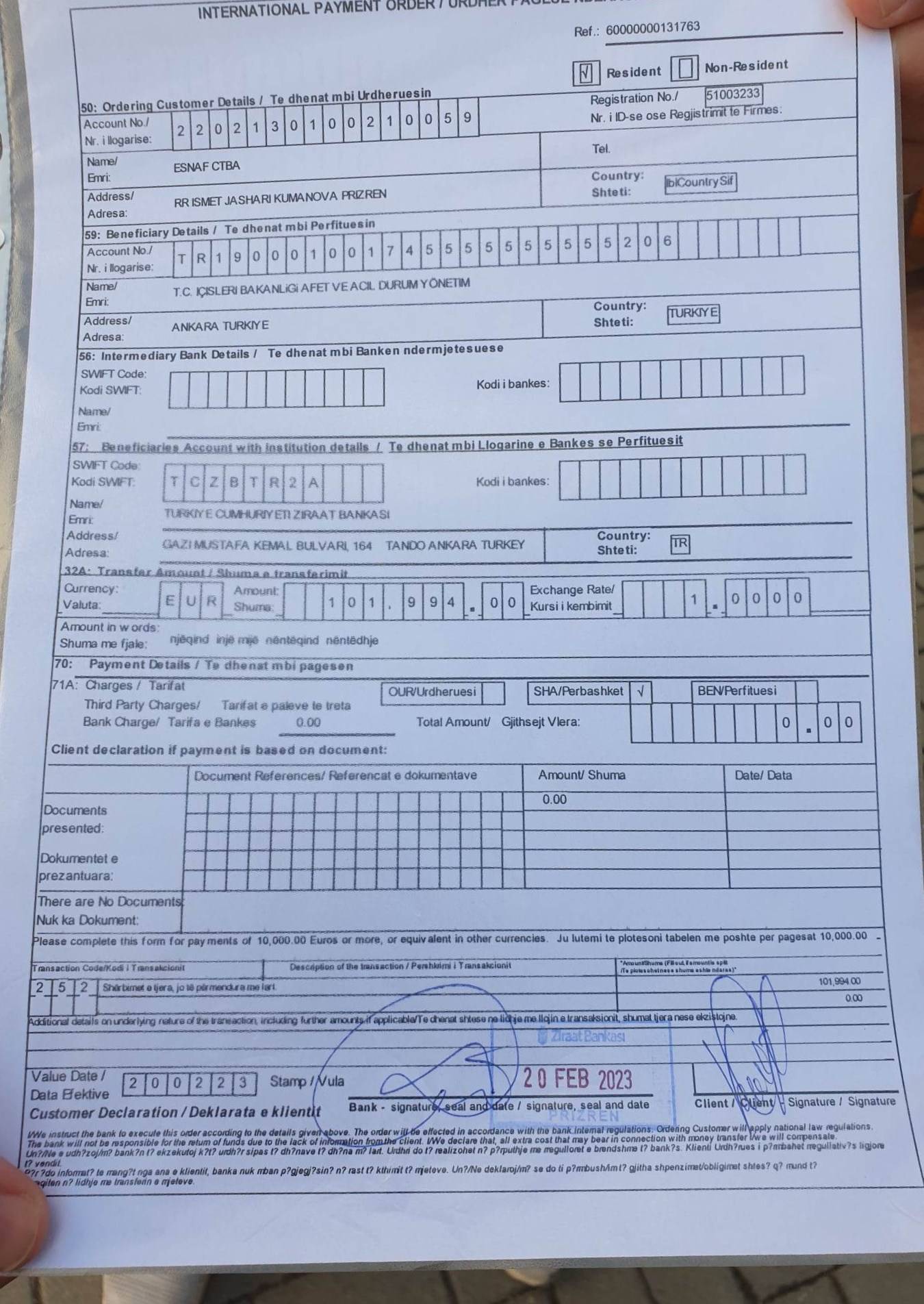 Kosova’dan Türkiye’ye Yardım Eli Kampanyası’nda Toplanan 101.994€  Gönderildi