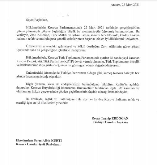 Erdoğan’dan Kurti’ye Tebrik Mektubu