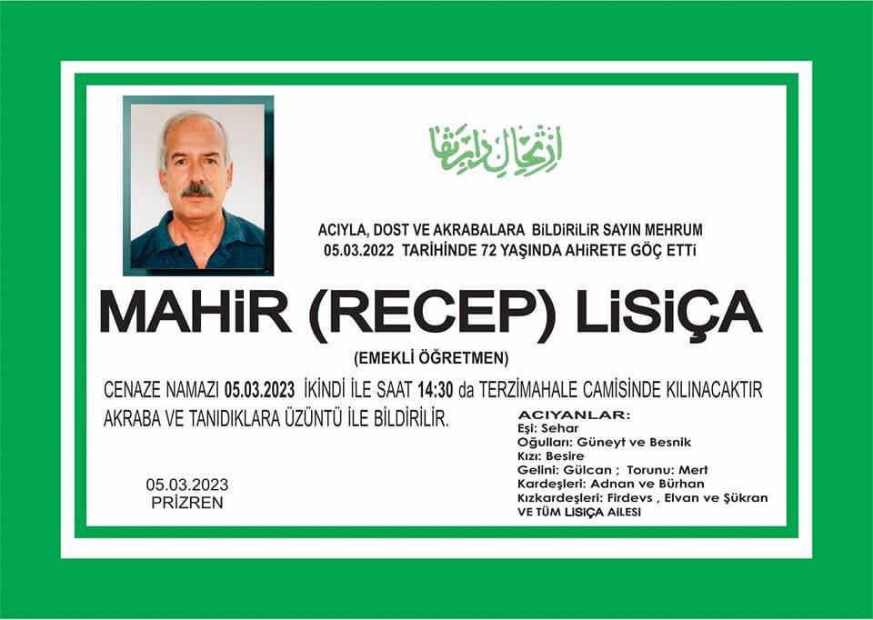 Emekli Öğretmenimiz Mahir Lisiça Vefat Etti