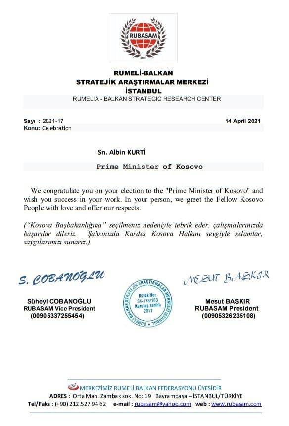 RUBASAM’dan Cumhurbaşkanı Osmani ve Başbakan Kurti’ye Kutlama