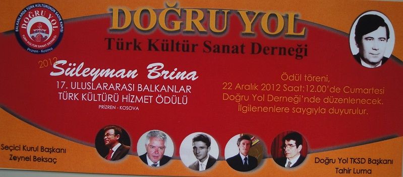 17. Süleyman Brina Ödülleri Cumartesi Verilecek