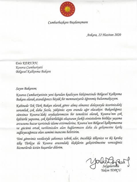 Cumhurbaşkanı Başdanışmanı Yalçın Topçu’dan Bakan Kervan’a Kutlama