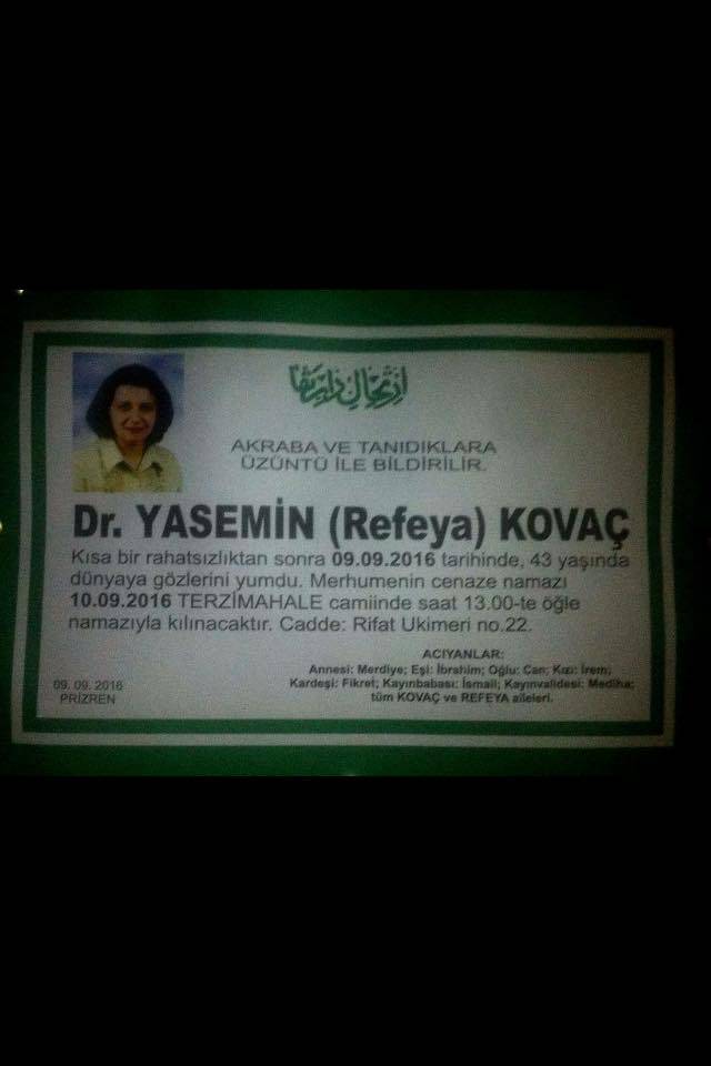 Dr.Yasemin (Refeya) Kovaç Vefat Etti