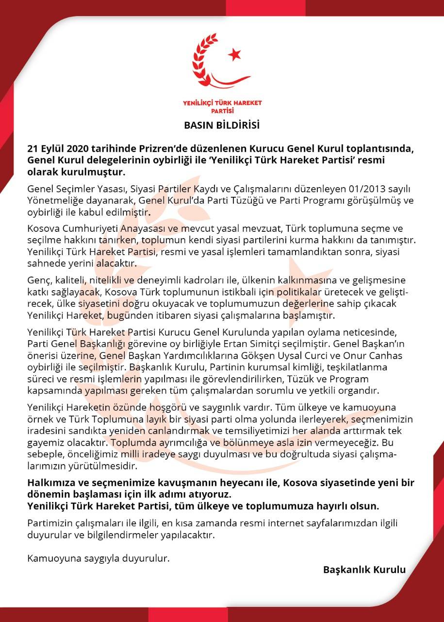 Yenilikçi Türk Hareket Partisi Kuruldu